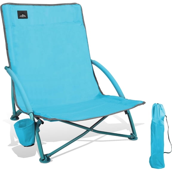 Low Folding Beach Chair with Cup Holder and Carry Bag Blue