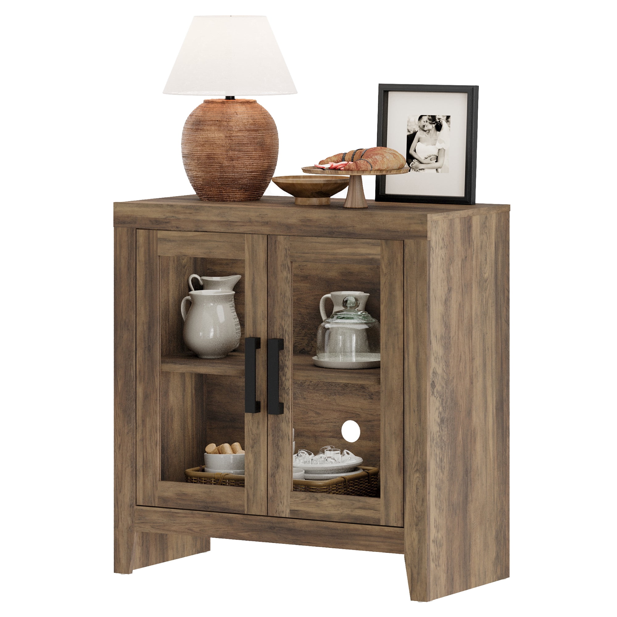 WAMPAT Modern Farmhouse TV Stand up to 40"TV, Entertainment Center with Tempered Glass Doors & Adjustable Shelves, Brown