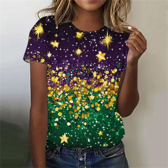 RKSTN Women's Mardi Gras Shirts Oversized Crewneck Funny Carnival Graphic Printed Short Sleeve T Shirts Pullover Top Womens Casual Plus Size Round Neck Loose Fits Comfy Holiday Tee Shirts