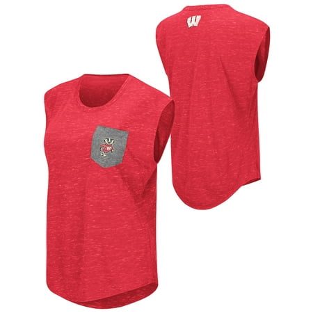 Wisconsin Badgers Pocket - Wisconsin Badgers Colosseum WOMEN Red Distressed Pocket Capped Sleeve T-Shirt
