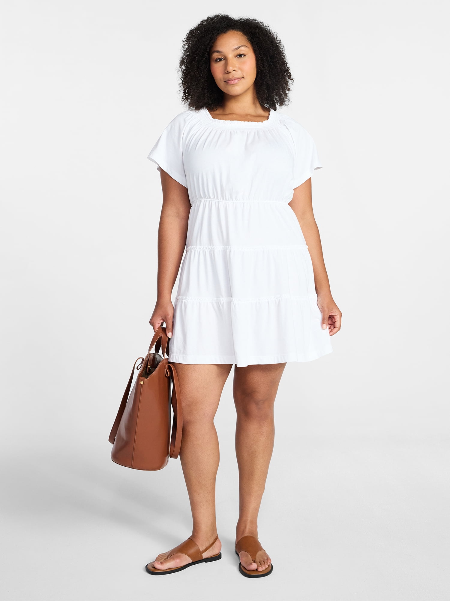 Time and Tru Women's Tiered Cotton Mini Dress with Flutter Sleeves, Sizes XS-XXXL