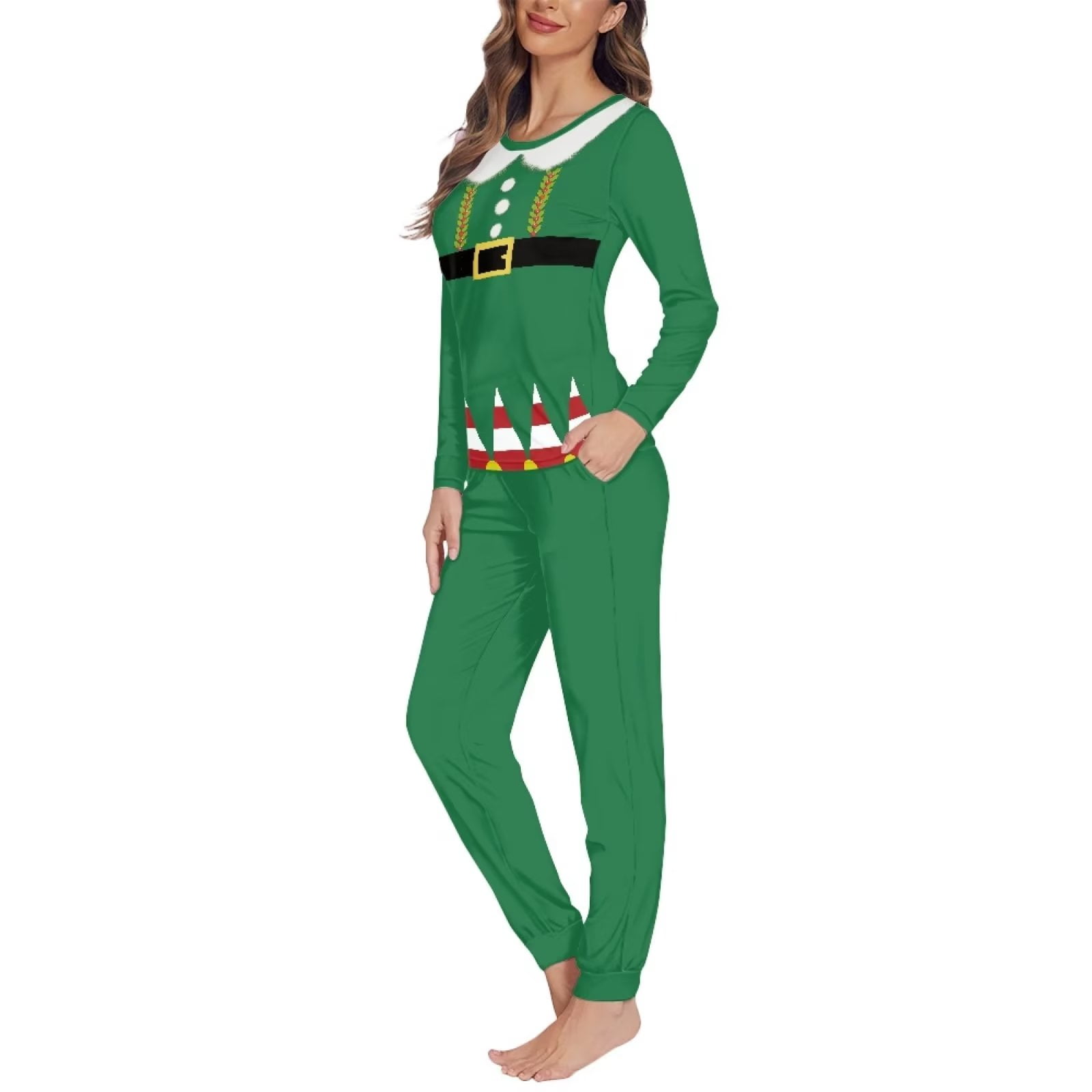 Renewold Christmas Matching Family Pajamas Sets Breathable Green Lounge Set with Elf Graphic 2 Pieces Thermal Winter Sports Outfits Women Sleep Nightwear Size 4XL