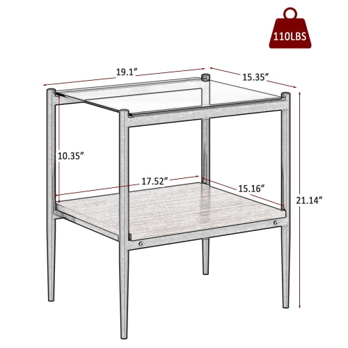 MOONMISS 2 Pack Rectangle End Table, Tempered Glass Top Side Table with MDF Frame, Modern Transparent Glass Accent Table for Living Room, Bedroom, Home Decor, Brown/Black