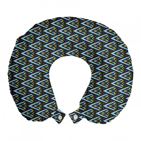 Abstract Travel Pillow Neck Rest, Tribal Inspired Demonstration of Triangles Motifs in Dark Tones, Memory Foam Traveling Accessory Airplane and Car, 12", Charcoal Grey and Yellow, by Ambesonne