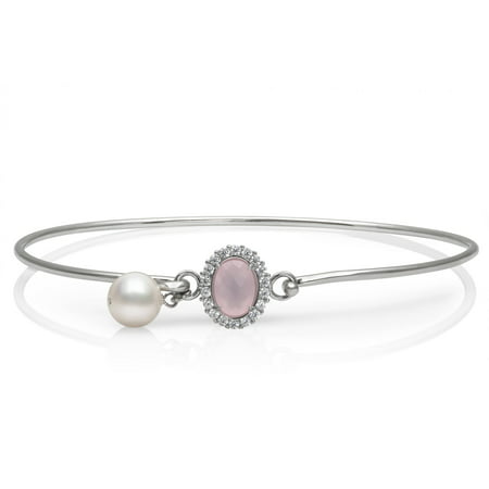 8mm x 6mm Faceted Rose Quartz and CZ Sterling Silver Bracelet with 7-8mm Cultured Freshwater Pearl, 7