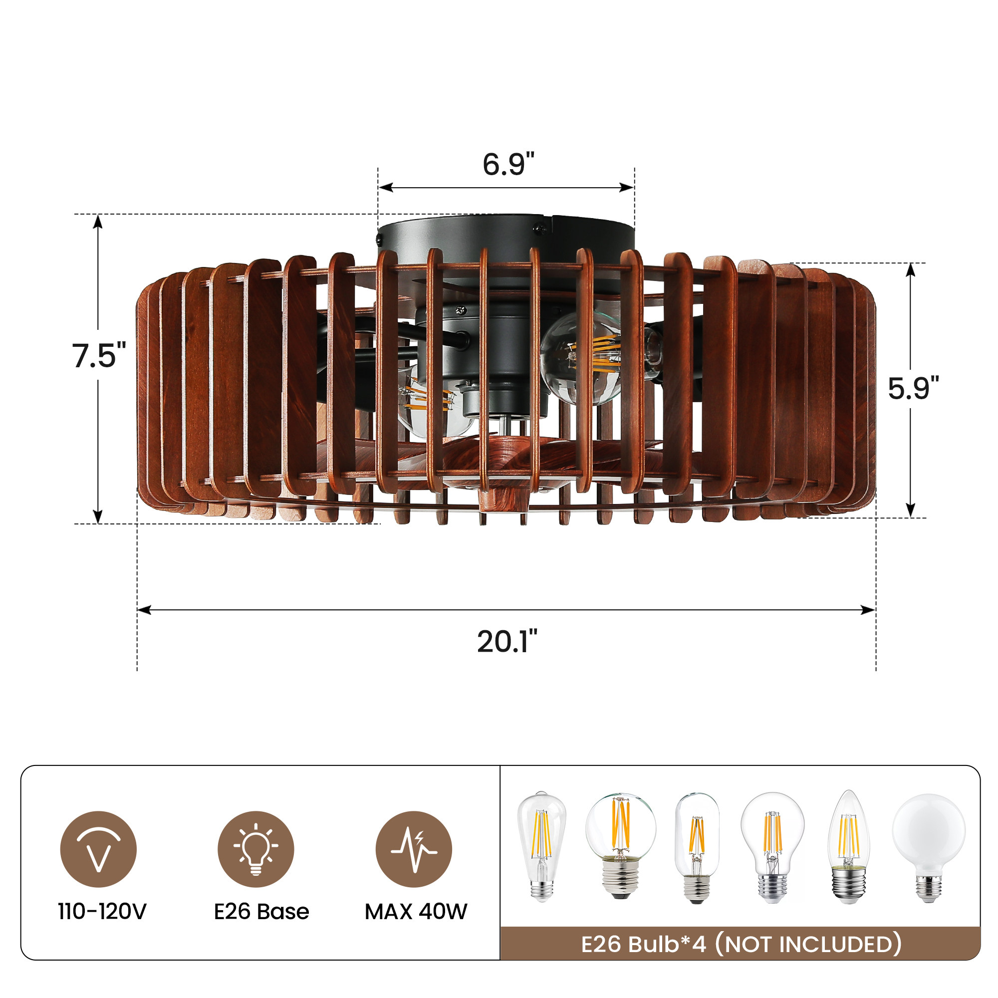 KAISITE 20" Farmhouse Walnut Fandelier Ceiling Fan with Lights  and Remote, 6 Speeds, 1/2/4/8 Hour Timer  for Dining Room, Living Room, Bedroom