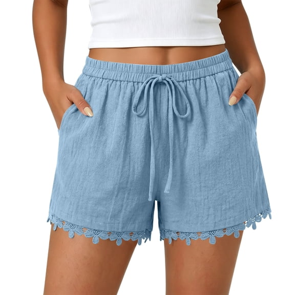 PWPSG Womens Elastic Waist Lace Trim Casual Shorts, Drawstring Waistband with Relaxed Fit, Soft Fabric for Home Loungewear Blue XXXL
