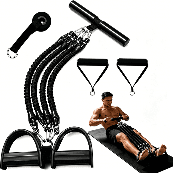 BESTSKY 100Lb Heavy Duty 4 Tube Elastic Foot Pull Rope Resistance Bands Set,Home Gym Full Body Workout Equipment with Non-Slip Handles & Foot Straps for Abdominal Training,Leg & Arm Exercise