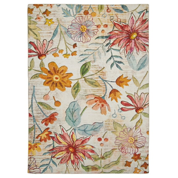 Linon Outdoor Washable Area Rug Collection, Ivory and Pink, 5' x 7'