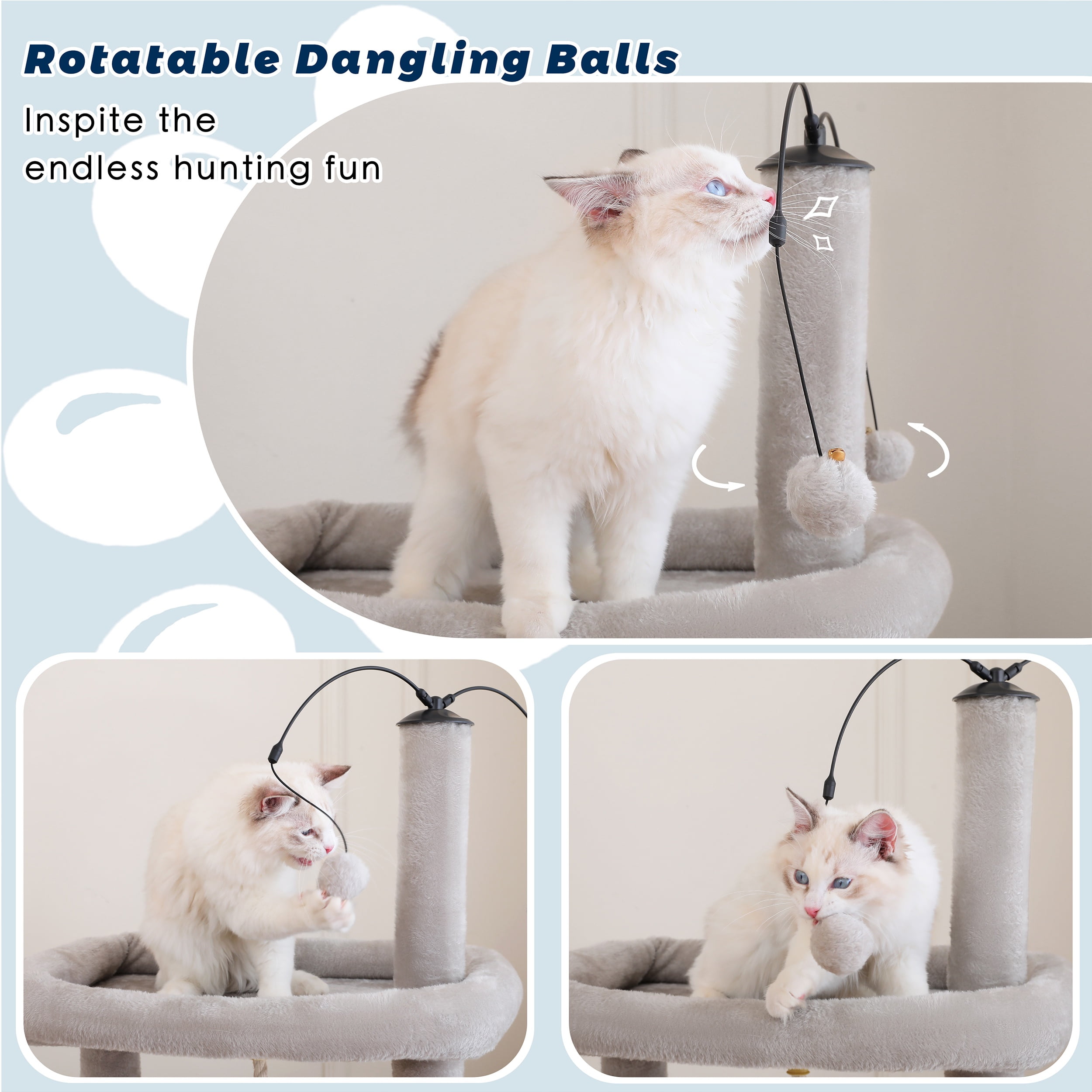 Vibrant Life 58.5 Inch Multi-Level Cat Tree Tower with Dangling Ball and Double Base, Light Gray