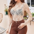 thumbnail image 5 of WULMLEO Women's Lace Long Sleeve Tops, Mock Neck Sheer Mesh Top, See Through Floral Lace Tops, Party Club Night Blouse Shirts Beige L, 5 of 7