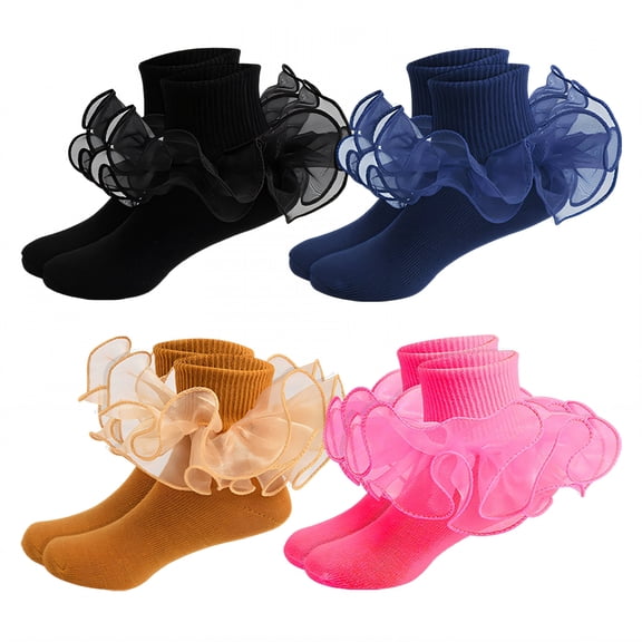 TELOLY 2026 New 4Pairs Kids Socks 6 8 Years Old Ruffle Socks Lace Trim Lace Socks Style3 18 20Cm for Daily Wear School Casual Outfits Special Occasions.