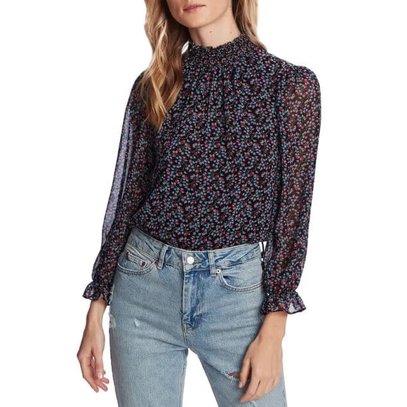 1.State Blouse à Col Montant Smocké Floral Néo Renaissance Noir Multi Taille TP $89