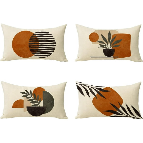Boho Abstract Sunset Plant Olive Leaves Decorative Throw Pillow Covers Set of 4, Bohemian Geometry Line Pillowcase Decoration, Minimalist Modern Art Aesthetic Cushion Case Home Decor 12x20