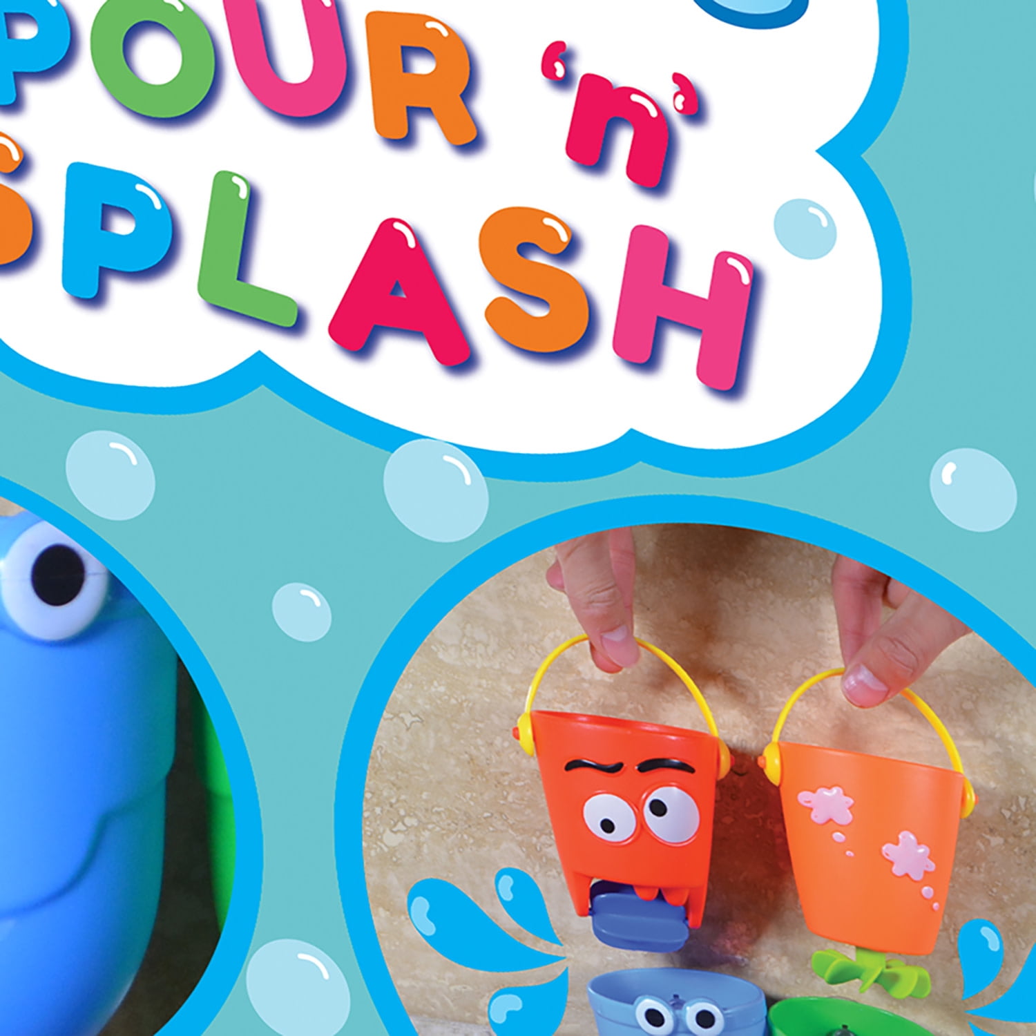 Buddy & Barney: Bath Time - Pour 'n Splash - 4 Colorful Character Water Bucket Toys, Pour-Tip-Spin, Interactive Sensory Exploration Tub Play, Kids 3+