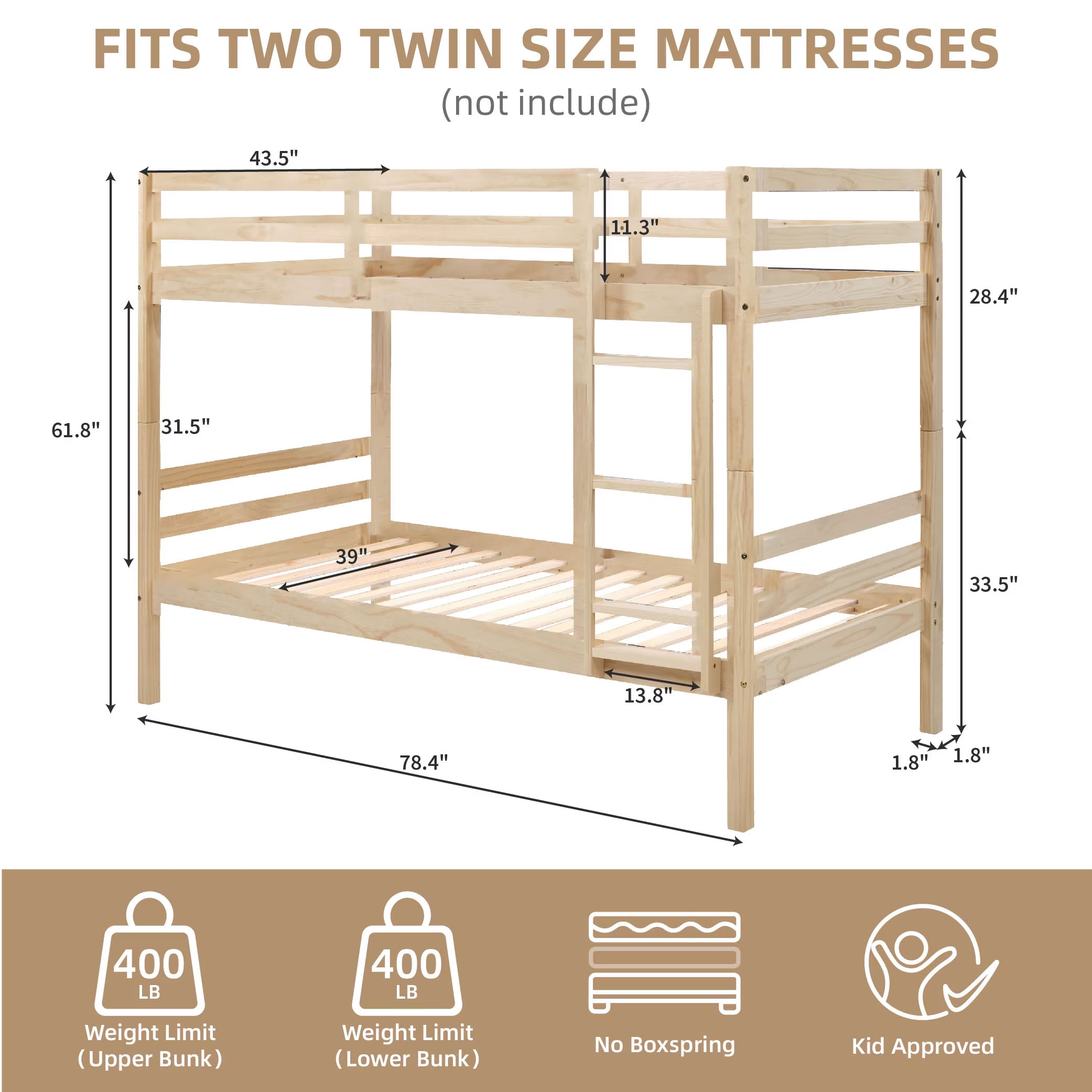 MAYEERTY Twin over Twin Wooden Bunk Bed with Ladder and High Guardrail, Space-Saving Bed Frame for Kids Teens Dorm Rooms, No Box Spring Needed