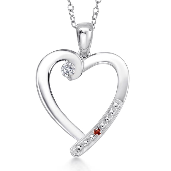 Gem Stone King 925 Sterling Silver Lab Grown Diamond and Red Garnet Heart Pendant Necklace for Women | 0.19 Cttw | Gemstone April Birthstone | Round 3.5MM | With 18 inch Chain