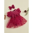 thumbnail image 4 of Musuos Baby Girl Valentine's Day Jumpsuit with Bow Headband 3 6 12 18 24M Short Sleeve Tulle Mesh Ribbed Patchwork Romper Dress, 4 of 10