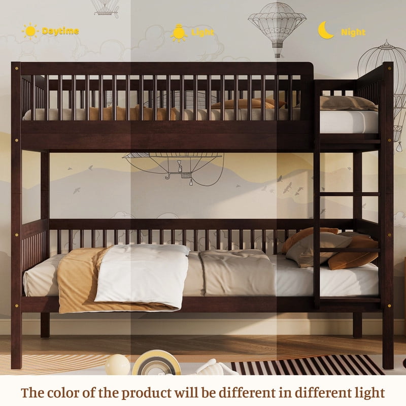 Twin-Over-Twin Size Convertible Kids Bunk Bed into 2 Platform Beds, Teens Wood Bed Frame with Ladder and Safety Guardrails