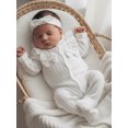 thumbnail image 5 of Cjfdfy Newborn Baby Girl Footed Romper Fall Winter Outfits Solid Color Bow Ruffled Long Sleeve Jumpsuit with Bow Headband cute Knit Ruffle Button Romper 0-9 Months, 5 of 9