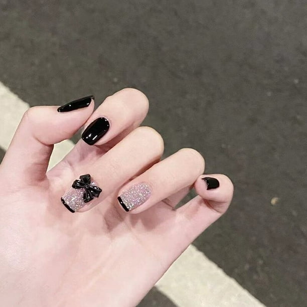 Uñas postizas de moda con diseño de leopardo, 24P, cobertura completa, puntas de Stiletto negro y marrón, pegamento para uñas artificiales francesas