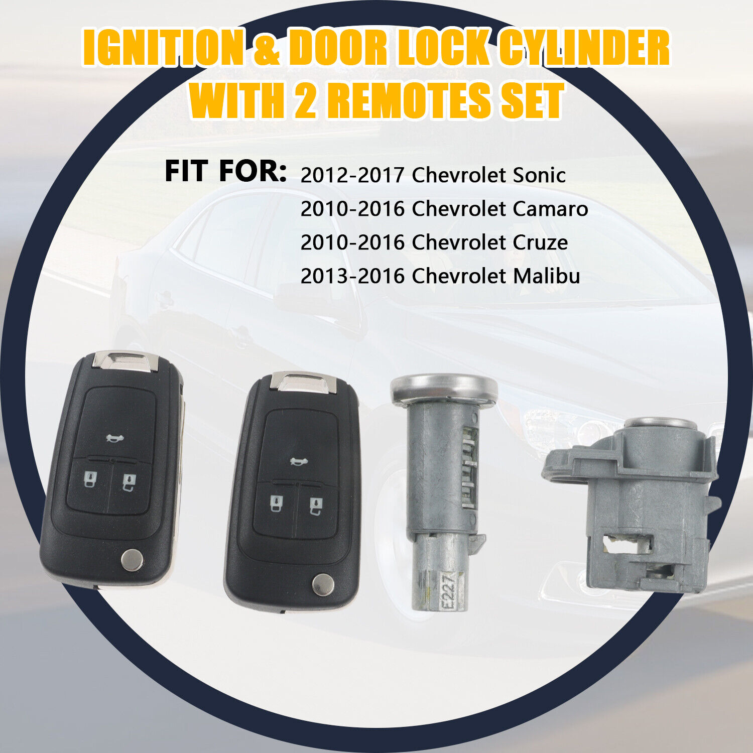 Ignition Switch + Driver Door Lock Cylinder Set – Fits 2010-2017 Chevy Cruze – 2 Keys Included – Silver