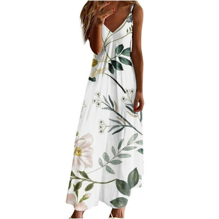 

YanHoo Women s Beach Dresses V Neck Sleeveless Maxi Dress Summer Loose Casual Boho Print Dress