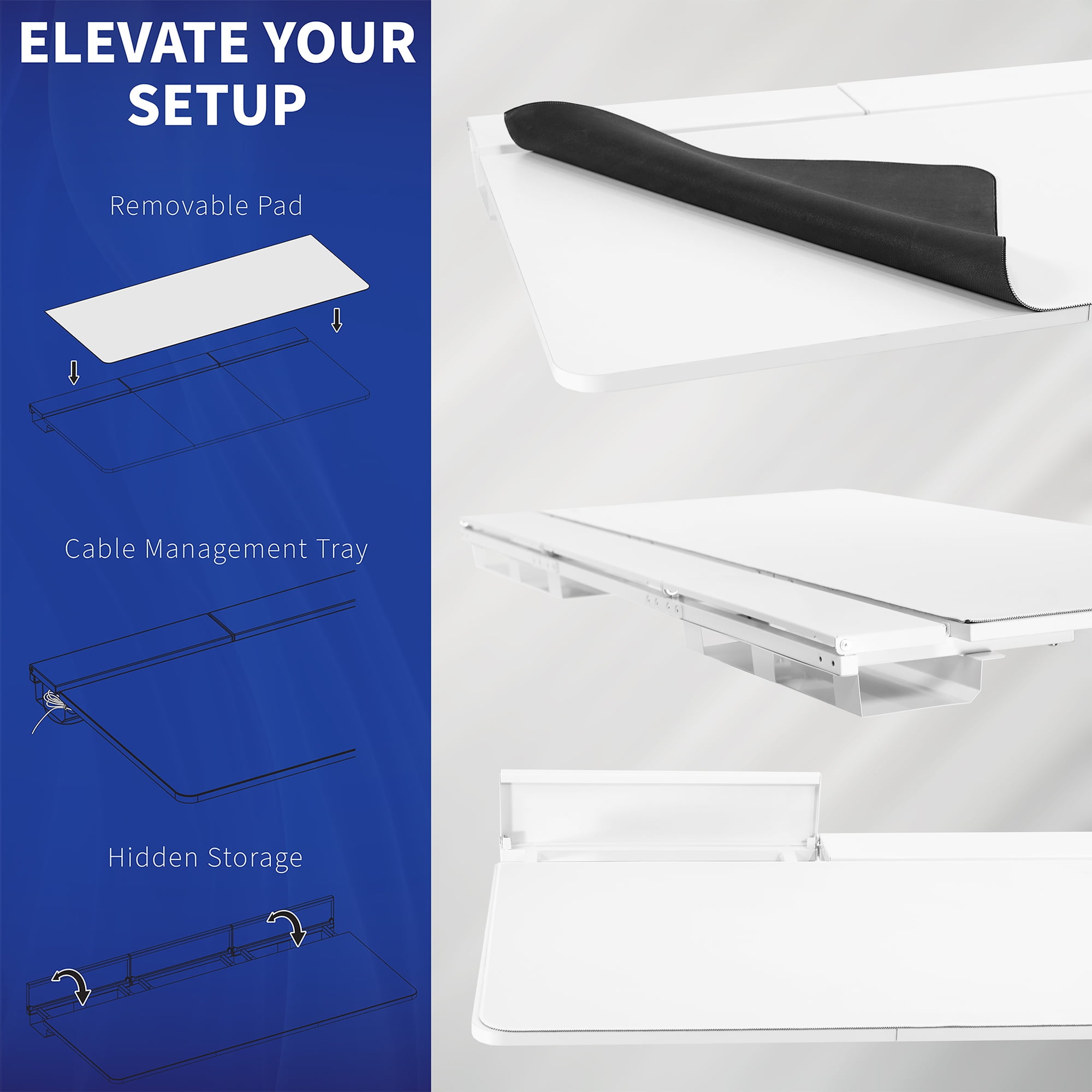 VIVO White 60" x 30" Concealed Cable Table Top w/ Pad for Standing Desk Frames