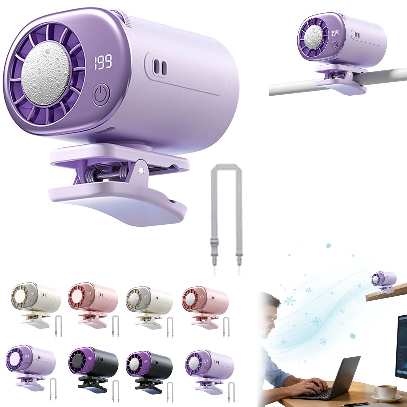 2026 Car Clip On Air Conditioner Fan LED Display 360 Rotation 199 Speeds Adjustable USB Rechargeable