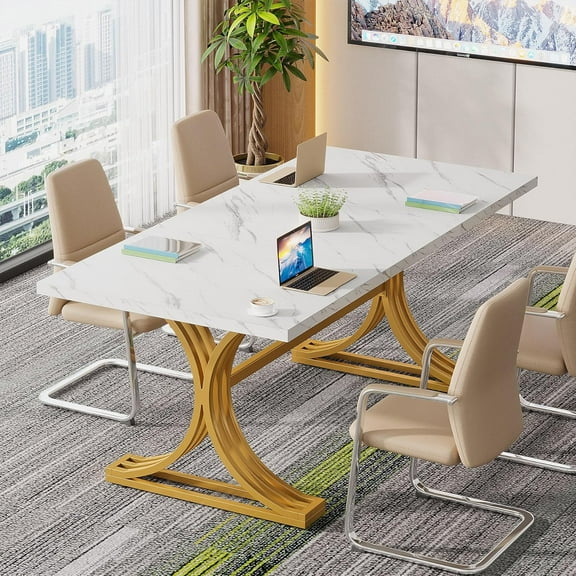 Tribesigns 5FT Conference Table for 4 to 6, 63" W x 31.5" D Modern Meeting Table with Faux Marble Tabletop, Business Seminar Tables for Home Office (White & Gold )