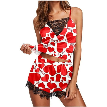 

Women s Cami Top and Shorts Sleepwear Pajamas Set Floral Lace Trim Set Heart Print Loungeware Lounge Set Nightwear Pjs Set