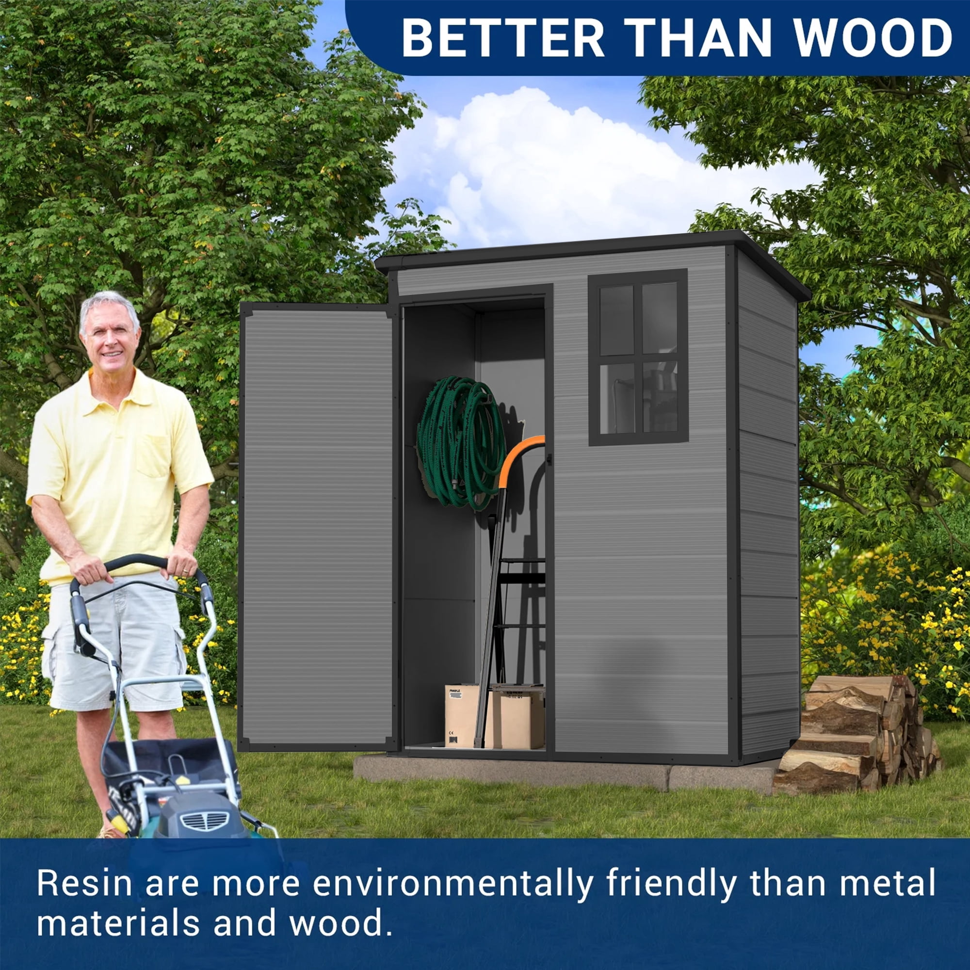 MRUAKA Storage Shed 5×3 FT, Resin Sheds & Plastic Outdoor Storage with Floor Outdoors Garden Tool Shed Tuff Outside Patio Shed with Lockable Door for Bike,Dark Gray,