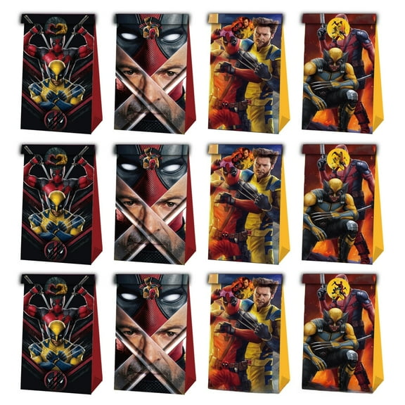 24 PCS Deadpool Wolverine Party Favor Candy Bags for Alice in Wonderland Themed Birthday Supplies Decor,Kids Birthday Game Party Kraft Paper Goodie Gift Bag Decorations