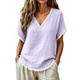 thumbnail image 2 of TGSLY Women's Fringe Trim Linen Tops Lightweight Soft V Neck Short Dolman Sleeve Blouses Loose Fit Dressy Casual Solid Color Tshirts M, 2 of 7