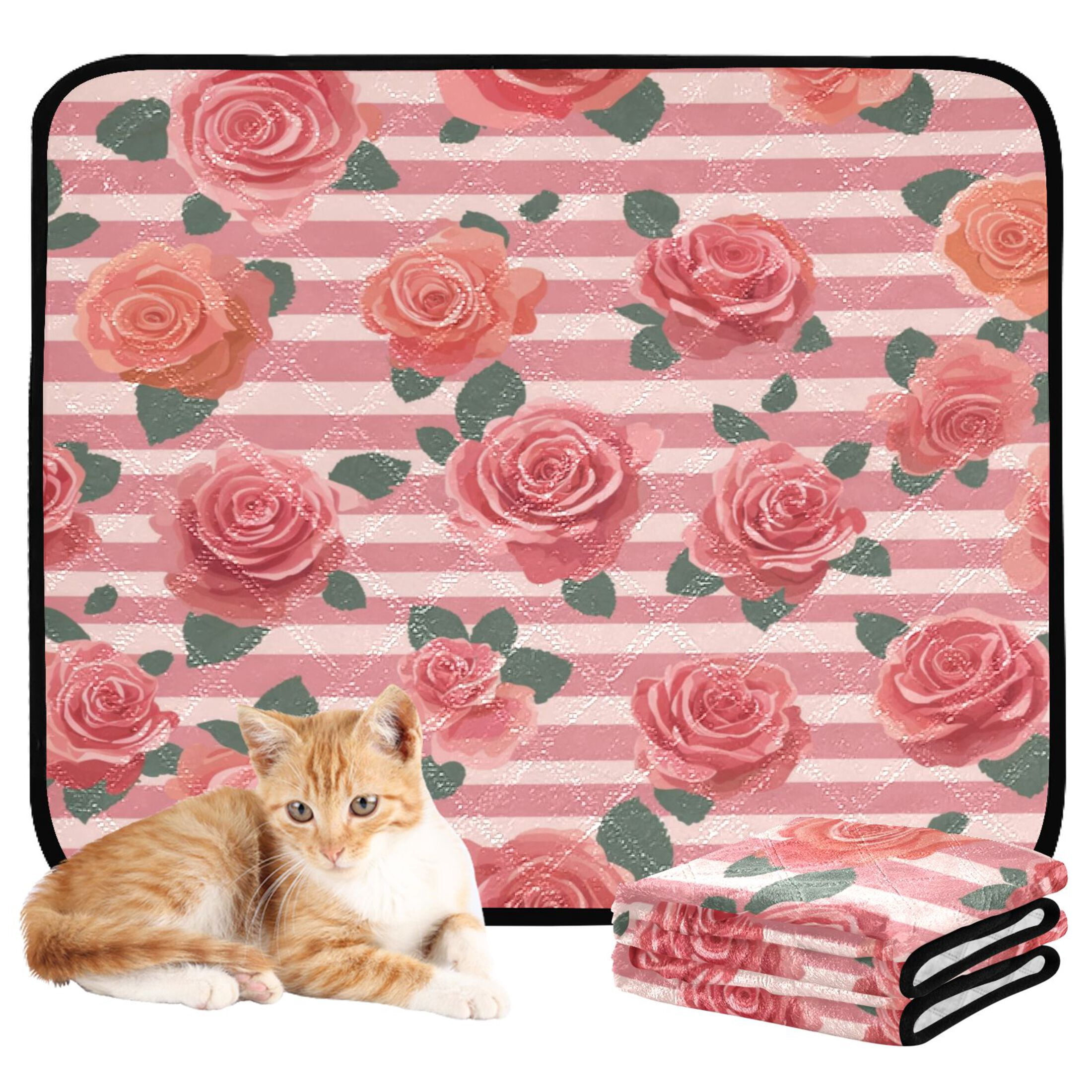 Washable Pet Pee Pads Soft Plush Absorbent Mat Non-Slip Floor Protector for for Dogs & Cats Roses and Stripes Pattern
