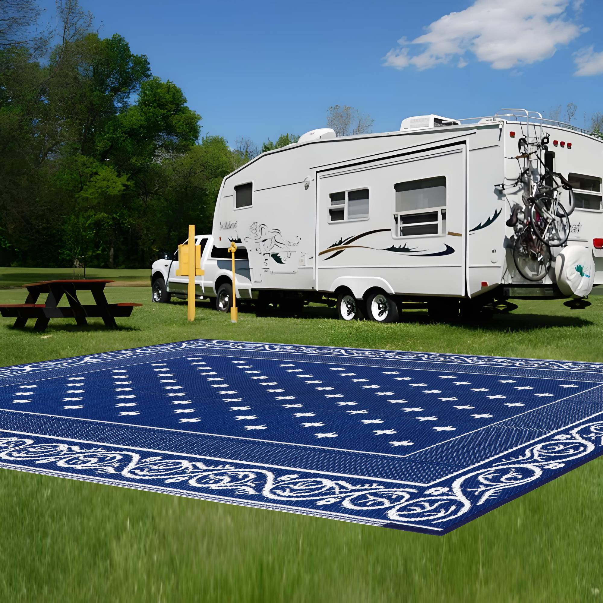Findosom 6'x9' Blue Large Outdoor Rug Outdoor Mat RV Outdoor Rug Reversible Plastic Straw Area Rug Mat Camping Rugs Waterproof Floor Mat and Rug for RV,Patio,Backyard,Deck,Picnic,Beach,Trailer