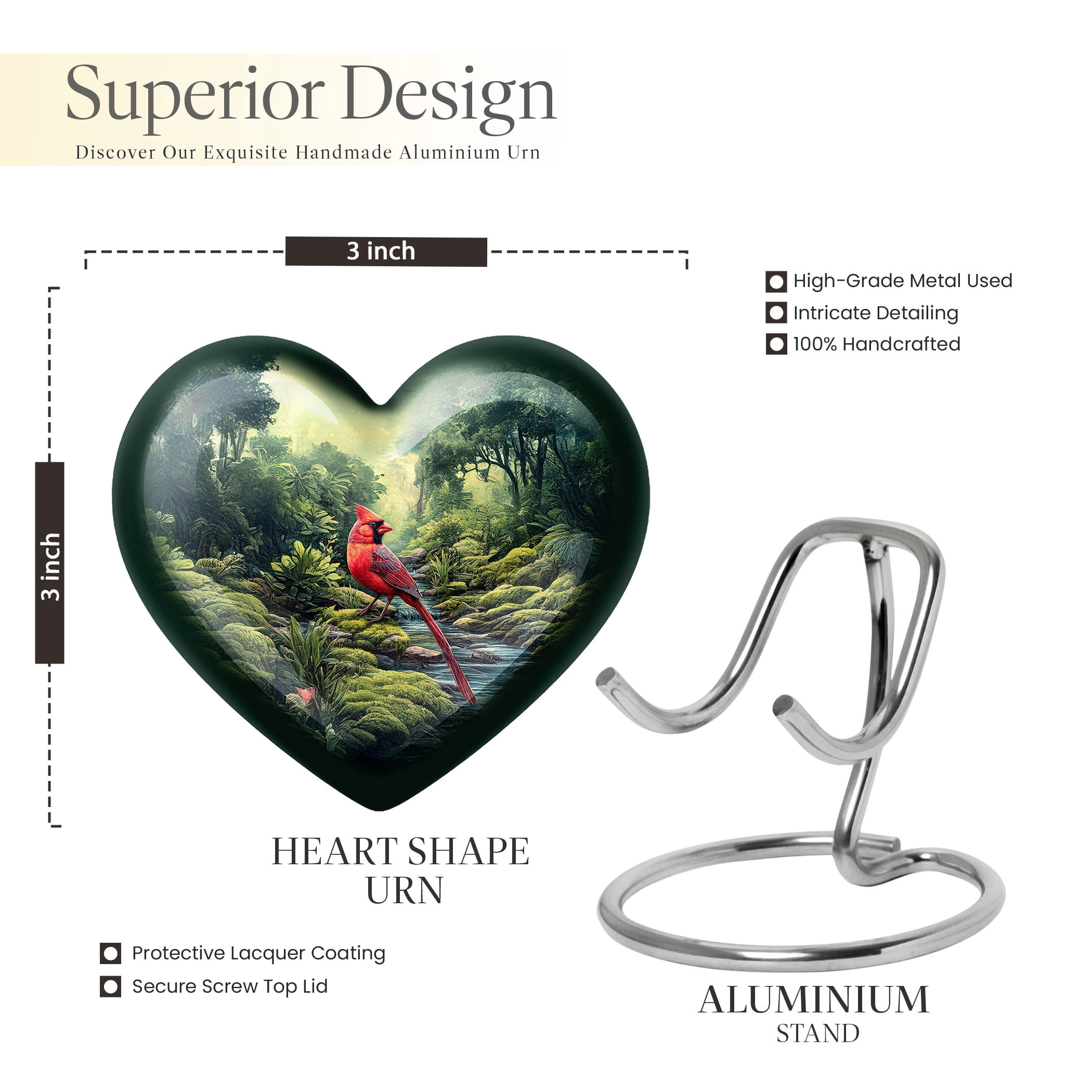 MUKTIVE Cardinal Bird Cremation Urns for Adult Ashes Women - Green Keepske Memorial Urns for Adult Male - Mini Funeral Urn for Mom and Dad - Burial Urn for Ashes for Women - 3 Inch (Heart)