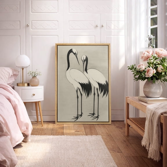 Framed Canvas Print Japanese Crane Wall Art Bird Decorative for Living Room Bedroom - 16"x24" NATURAL