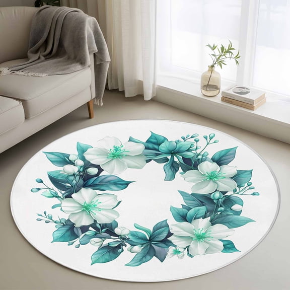 Teal Botanical Spring Round Rug 4ft Washable Circle Entryway Rugs Non Slip White Floral Spring Area Rug Indoor Floor Carpet for Bedroom Kitchen Living Room Home Office Dining Room Nursery