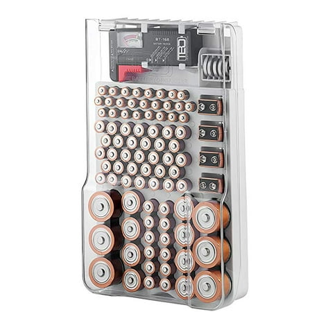 Battery Organizer Storage Case with Hinged Clear Cover, Battery Tester Includes and Removable, Holds 93 Batteries Various