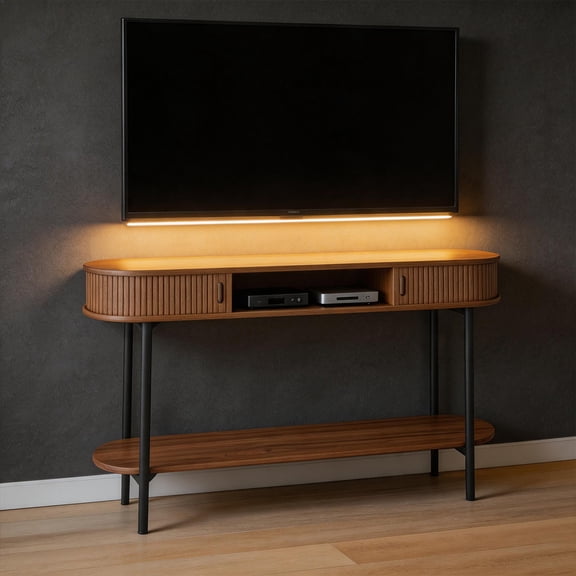 Mid Century TV Stand for TVs up to 49 Inches, Entertainment Center with Storage, Fluted Sliding Doors, Modern Media TV Console Table for Living Room