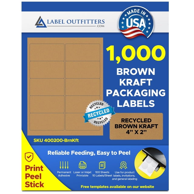 1,000 Labels Outfitters® 4 x 2 inch Brown Kraft Self Adhesive Labels, 100 Sheets with 10 Labels per Sheet