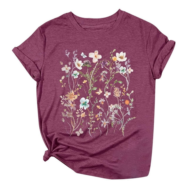 WEIYLL Womens Tshirt Floral Print Crew Neck Short Sleeve Wine Tees Sizes XL