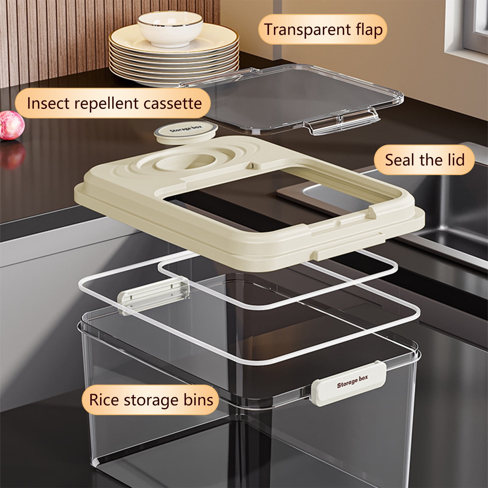 Large Airtight Food Storage Container with Measuring Cup and Visible Window, 22Lb Capacity for Rice, Flour, Cereal, and Pet Food, White or Beige