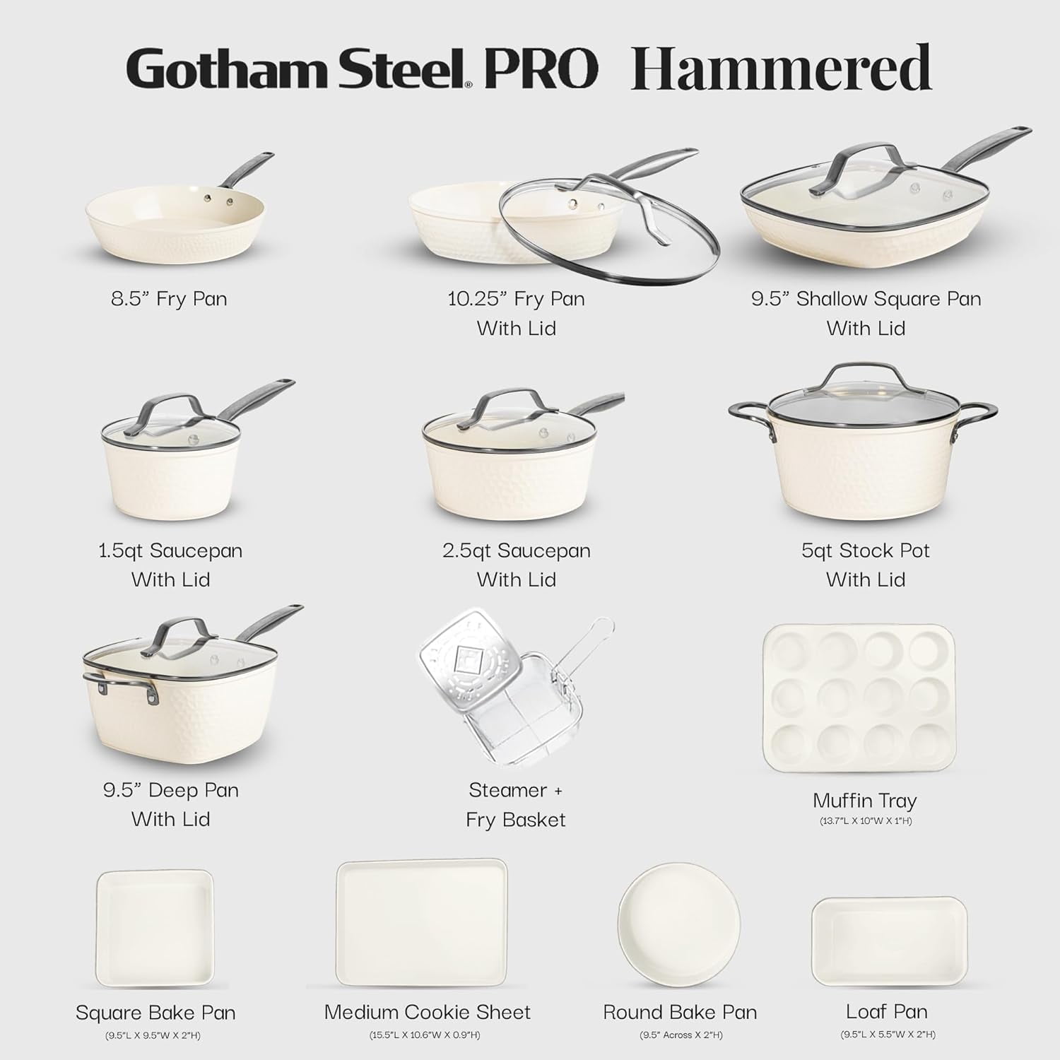 Gotham Steel Hammered 20Pcs Ceramic Cookware Set Nonstick, Induction Pots and Pans Set Non Stick with Deep Fry Pan, Steamer, and Bakeware, Non Toxic, Oven & Dishwasher Safe, Cream