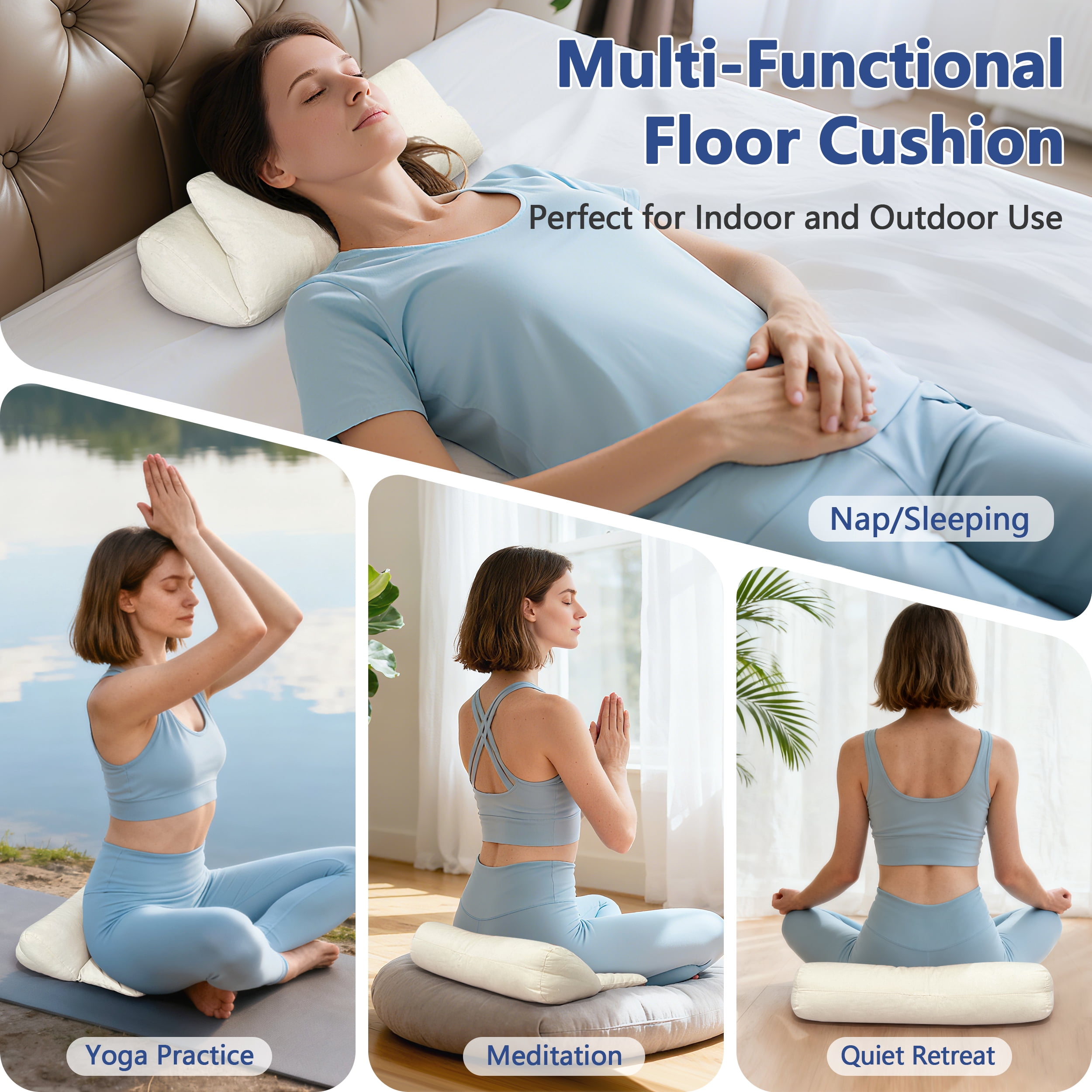 Meditation Cushion for Sitting on Floor, Organic Yoga Bolster Pillows White Meditation Seat Pad, 2-IN-1 Design Ergonomic Sleep Yoga Mat Foldable, Floor Cushion for Adults Back Support Washable