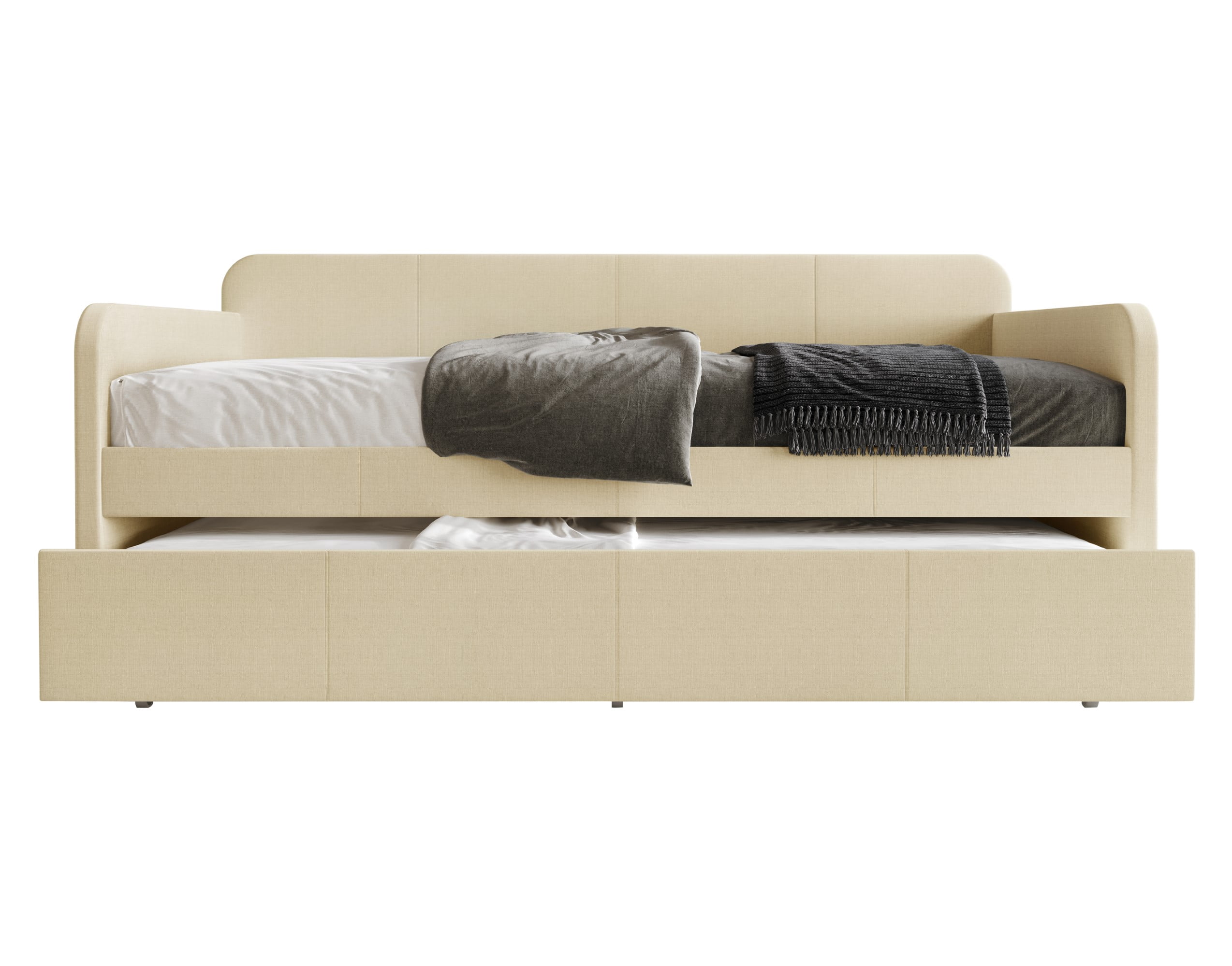 Home Design Tiara Twin Daybed with Upholstered Frame and Pull-Out Trundle, Casual Design for Bedroom or Guestroom, Beige