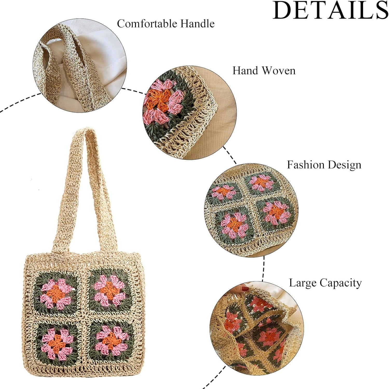 Kukuzhu Crochet Beach Bag, Summer Cute Straw Tote Bags Woven Beach Bag Knit Bags for Women Crochet Purse
