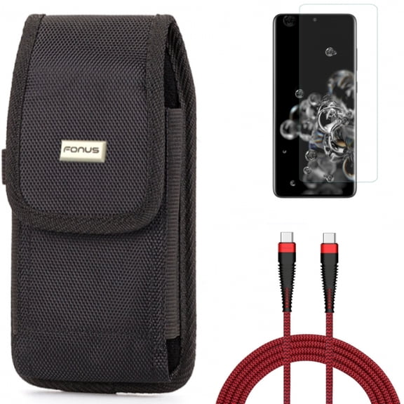 Case Belt Clip w Screen Protector w 10ft PD Cable for Samsung Galaxy S20 Ultra - Swivel Holster Rugged, Tempered Glass [Fingerprint Unlock] 3D Curved Edge, Type-C to USB-C fits Galaxy S20 Ultra
