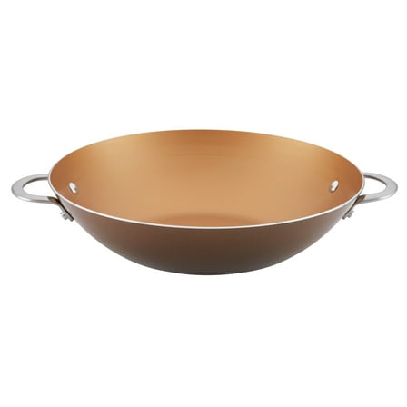 Ayesha 14-Inch Home Collection Porcelain Enamel Nonstick Wok, Brown Sugar